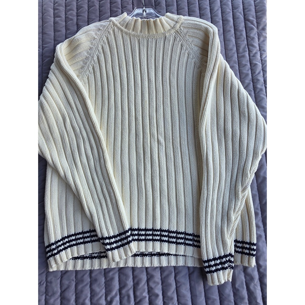 896 Trader Bay Vintage Cream Ribbed Knit Cotton Sweater Navy Striped XL Womens